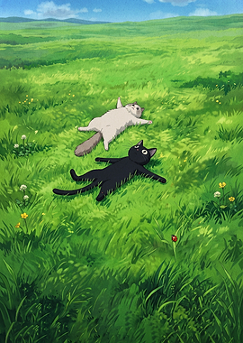 Two cats relaxing in a grassy field