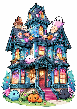 Cute Haunted House with Ghosts and Pumpkins