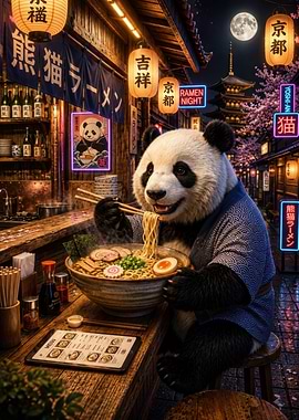 Panda eating ramen in Japan