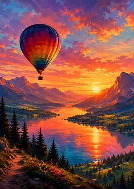 Hot Air Balloon Over Mountain Lake at Sunset