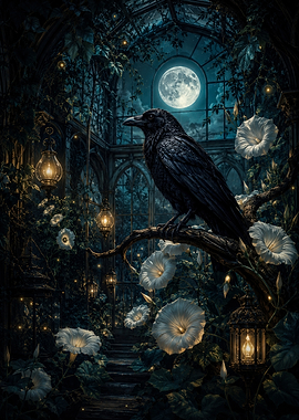 Mystical Crow in Moonlit Conservatory
