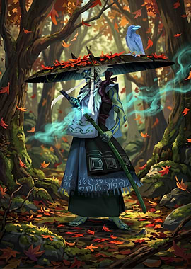 Mysterious figure in autumn forest