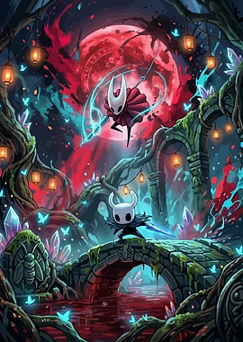 Hollow Knight Characters in a Dark Fantasy Forest