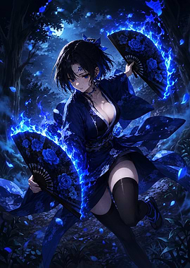 Blue Rose Kimono Girl with Fiery Fans