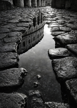 Rome Colosseum Cobblestone Street Puddle Reflection
