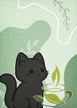 Cute Black Cat with Tea