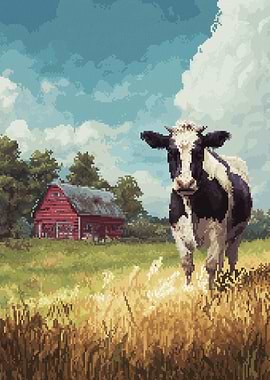 Pixel Art Cow in a Field