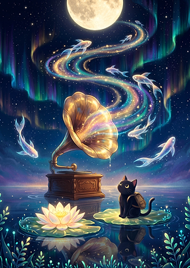 Magical Night Scene with Cat and Gramophone
