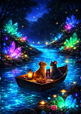 Cats on a boat in a magical forest