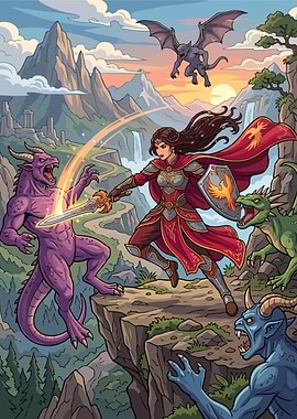 Warrior fights dragons in a mountain landscape