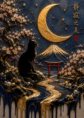 Black Cat Under Golden Moon and Cherry Blossoms
