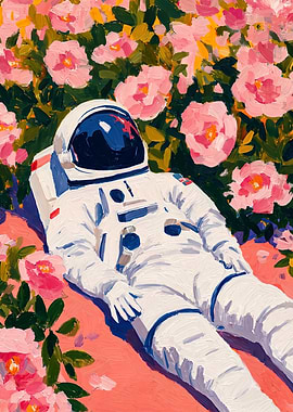 Astronaut relaxing in a field of flowers
