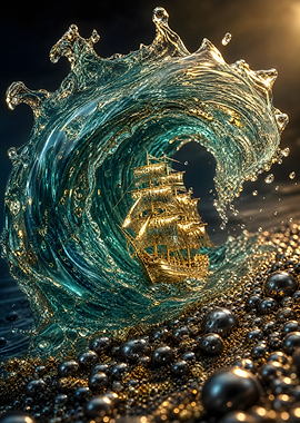 Golden Ship in a Water Wave