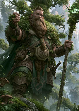 Dwarf Druid in a Forest with Wood Staff