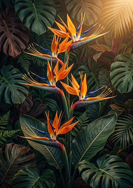Bird of Paradise Flowers in Tropical Foliage