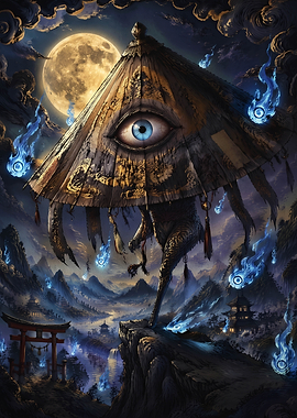 Mystical Japanese Landscape with Eye Umbrella Creature