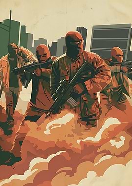 Armed figures in a city