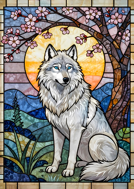 Wolf with Cherry Blossoms Stained Glass Landscape