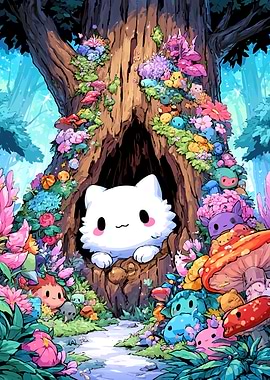 Cute Cat in a Magical Forest