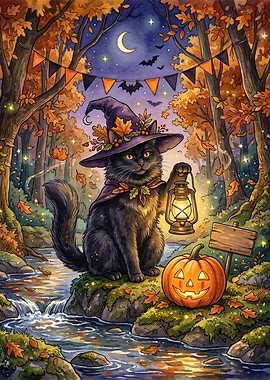 Halloween Black Cat with Pumpkin and Lantern