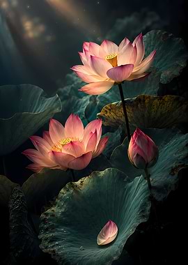 Pink Lotus Flowers in Dark Water