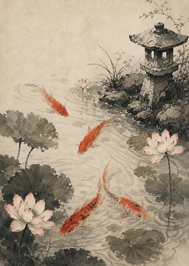 Koi Fish and Lotus Pond