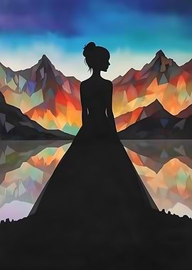 Silhouette of a Woman in a Gown with mountains behind
