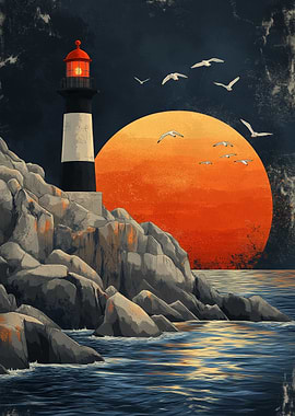 Lighthouse on Rocky Coast at Sunset