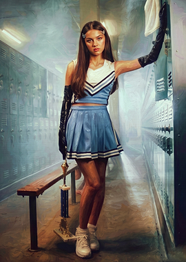 Cheerleader in Locker Room with Trophy