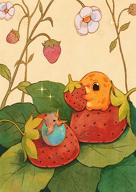 Cute birds in strawberries