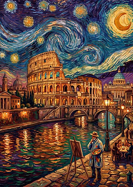 Artist Paints Colosseum Under Starry Night Sky