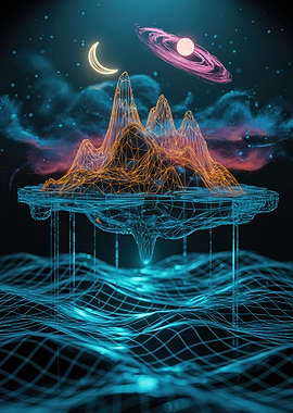 Abstract Digital Landscape with Celestial Elements