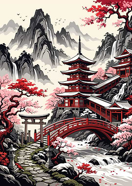Japanese Pagoda and Cherry Blossoms