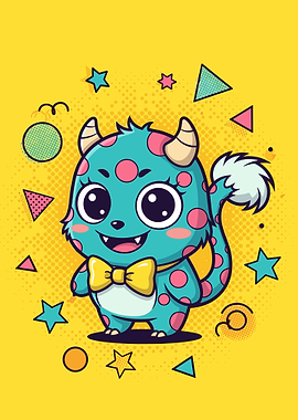 Cute Teal Monster with Yellow Bow Tie