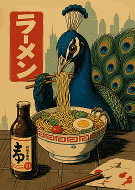 Retro Peacock Eating Ramen Wall Art | Vintage Japanese Animal Poster