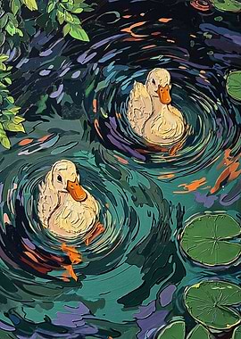 Two Ducks Swimming in a Pond