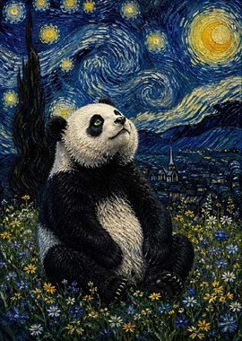 Panda in Starry Night Field