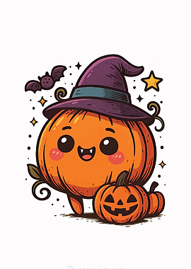 Cute Halloween Pumpkin Witch with Baby Pumpkin