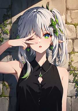 Anime Girl with White Hair and Green Eyes
