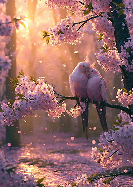 Two Cockatiels in Cherry Blossoms