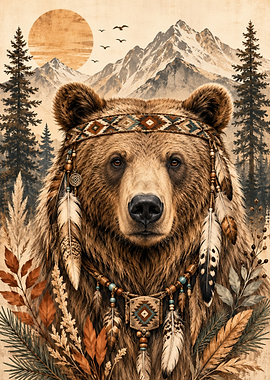 Tribal Bear in Mountain Landscape