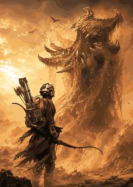 Warrior facing a giant monster
