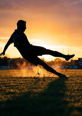 Soccer Player Kicking Ball at Sunset