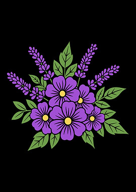 colorful purple bouquet flowers lavender floral sprigs green leaves cute design cool graphic