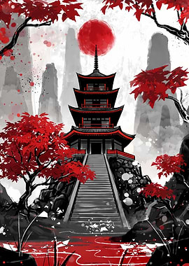 Japanese Pagoda with Red Sun and Maple Leaves