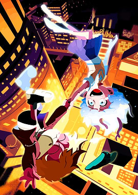 Anime characters falling in a city