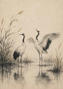 Two Cranes in Water with Reeds