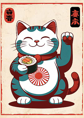 Maneki Neko Cat with Sushi