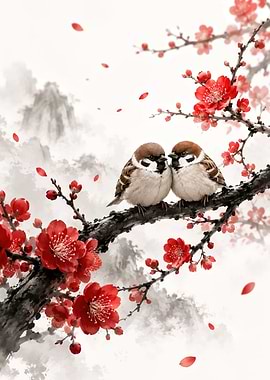 Two Sparrows on a Plum Blossom Branch