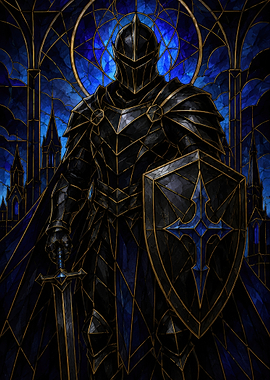 Stained Glass Knight with Sword and Shield